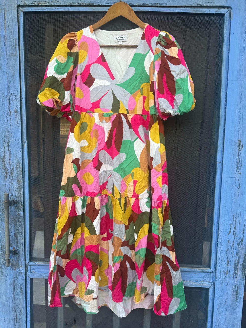 CROSBY by Mollie Burch Vibrant Multicolor Abstract Puff-Sleeve Midi Dress